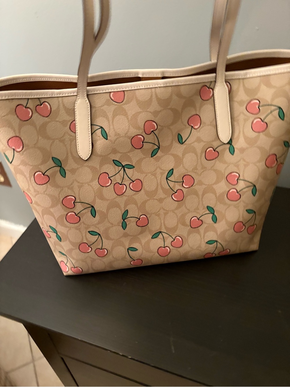 Cherry Print Tote Bag in Beige and Pink - Picture 2 of 6